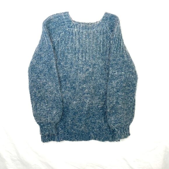 Hand Knit Sweater Womens Crew Neck Knit Cuff Metallic Thread Blue Silver - Picture 8 of 14